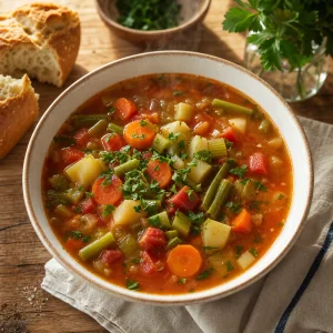 Fertige klassische Gemüsesuppe mit Karotten, Sellerie, Kartoffeln, Tomaten, grünen Bohnen und Petersilie.