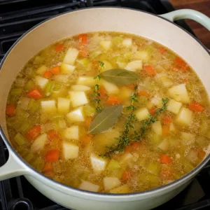 Gemüsebrühe mit Kartoffelwürfeln Lorbeerblättern und Thymian wird aufgekocht