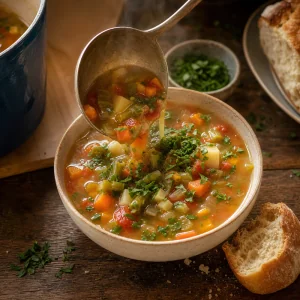 Gemüsesuppe in Schalen geschöpft und mit frischer Petersilie und Brot serviert
