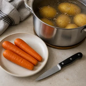 Gekochte Karotten neben Kartoffeln, die weitergaren