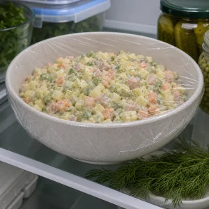 Abgedeckter Olivier-Salat kühlt im Kühlschrank