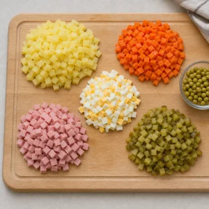 Gleichmäßig gewürfelte Zutaten für Olivier-Salat