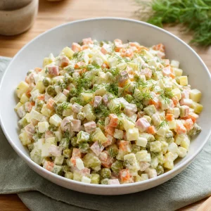 Fertiger Olivier-Salat in einer Servierschüssel