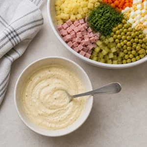 Mayonnaise-Dressing neben der Salatschüssel verrührt