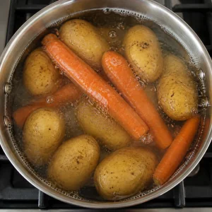 Kartoffeln und Karotten kochen in einem Topf