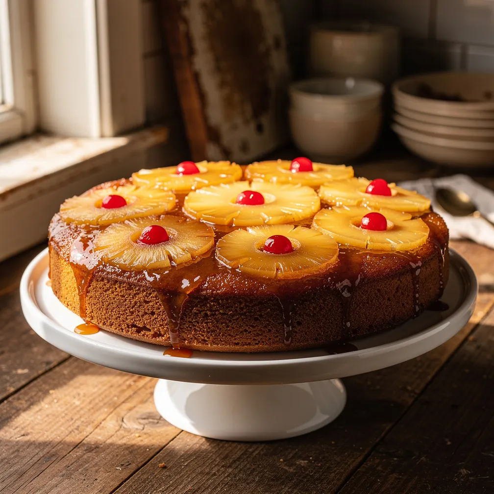 A golden Pineapple Upside-Down Cake topped with caramelized pineapple rings and cherries on a cake stand.