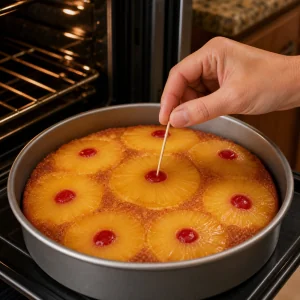 Baked pineapple upside-down cake checked with a toothpick in the oven.