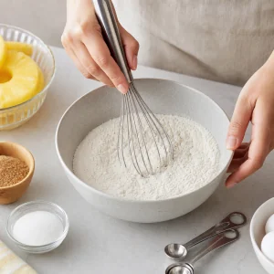 Flour, baking powder, and salt whisked together in a mixing bowl.