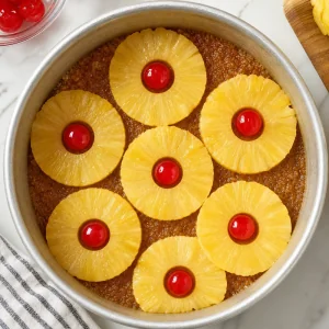 Pineapple rings and maraschino cherries arranged over brown sugar in the cake pan.