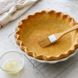 Baked pie shell brushed with egg white on a cooling rack