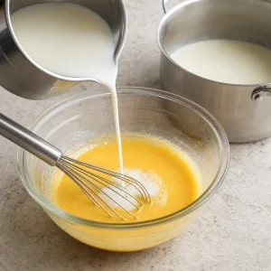 Hot milk poured into the egg yolk mixture for tempering