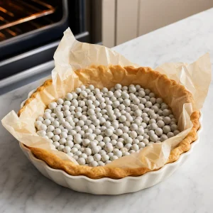 Pie crust lined with parchment and filled with baking weights