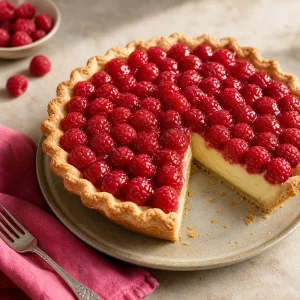 Raspberry vanilla cream pie with one slice removed
