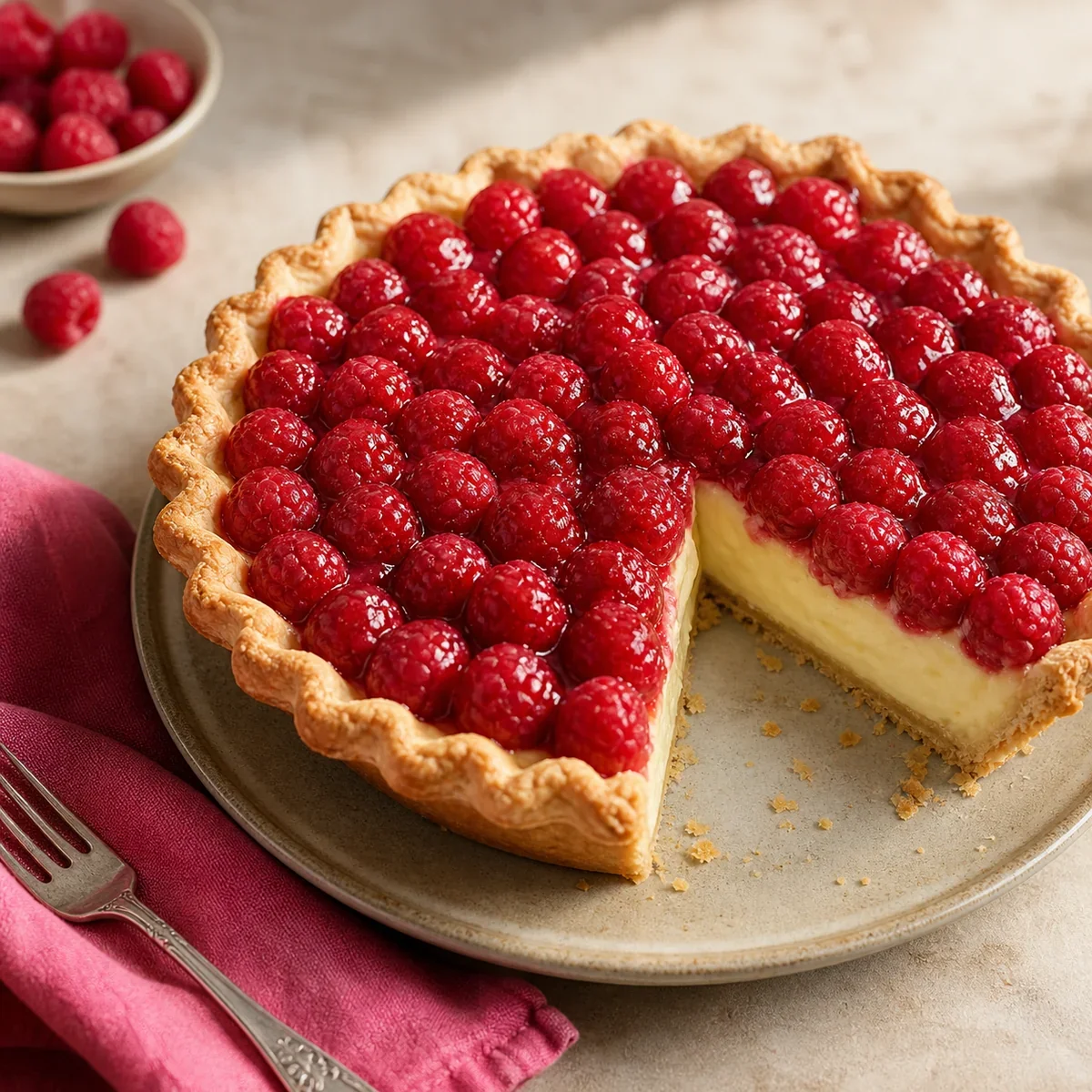 Raspberry vanilla cream pie with one slice removed