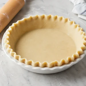 Raw pie crust fitted and crimped in a pie plate