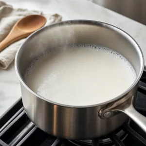 Steaming milk with small bubbles around the saucepan edge