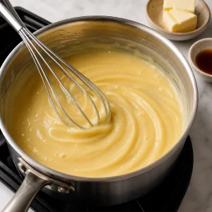 Thick vanilla pastry cream holding whisk marks in a saucepan