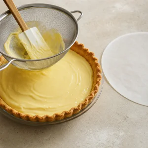 Vanilla pastry cream strained into the cooled pie shell