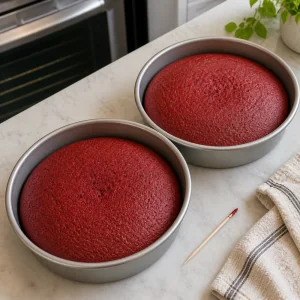 Strati di red velvet cotti negli stampi con prova stecchino pulita