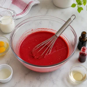 Ingredienti liquidi rossi frullati lisci per la red velvet