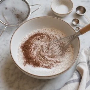 Ingredienti secchi della red velvet setacciati e mescolati con la frusta