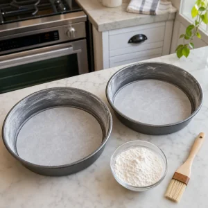 Tortiere rotonde preparate con carta forno e farina