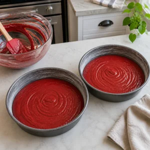 Impasto red velvet liscio diviso tra due tortiere preparate