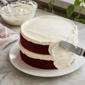 Torta red velvet a due strati ricoperta con frosting al formaggio cremoso
