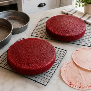 Strati di red velvet senza glassa che raffreddano su griglie