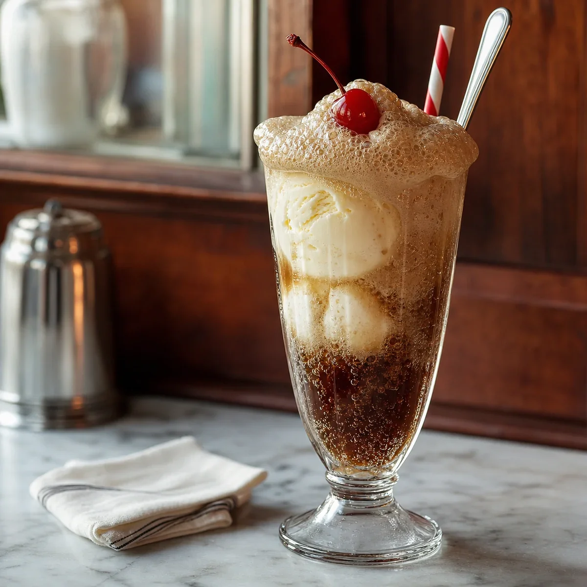 Float classico alla root beer con gelato alla vaniglia e ciliegia
