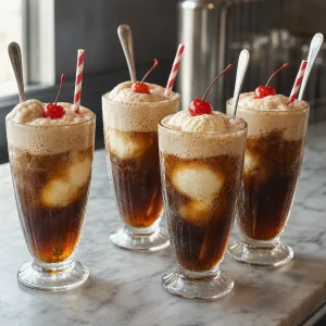 Quattro float alla root beer finiti con ciliegie