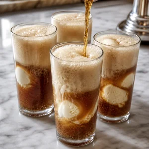 Root beer versata lentamente sul gelato alla vaniglia