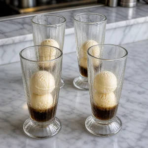Due palline di gelato alla vaniglia aggiunte in ogni bicchiere