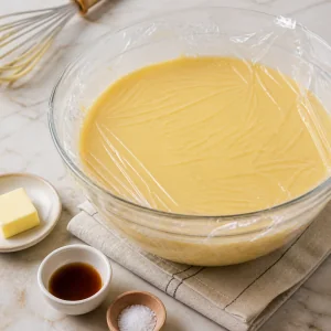 Custard covered with plastic wrap for chilling