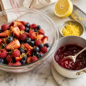 Fresh berries tossed with lemon zest and jam warmed