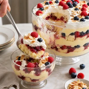 Layered trifle scooped into dessert bowls