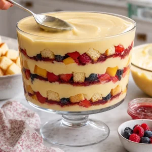 Repeated trifle layers finished with custard