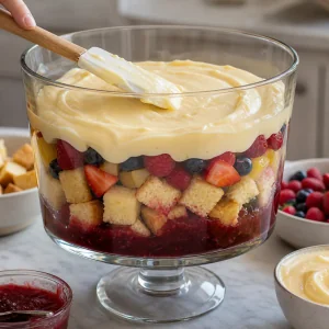 Trifle assembled with jam sponge fruit and custard