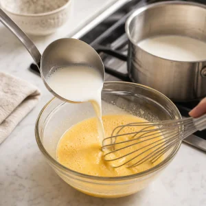Warm milk tempered into the egg yolk mixture