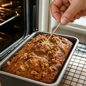 Baked coffee cake checked with a toothpick