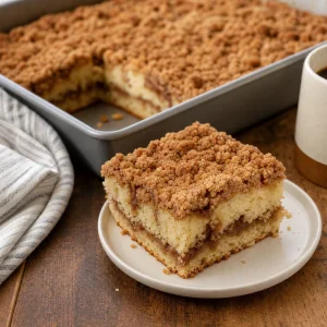Sliced sour cream coffee cake served warm