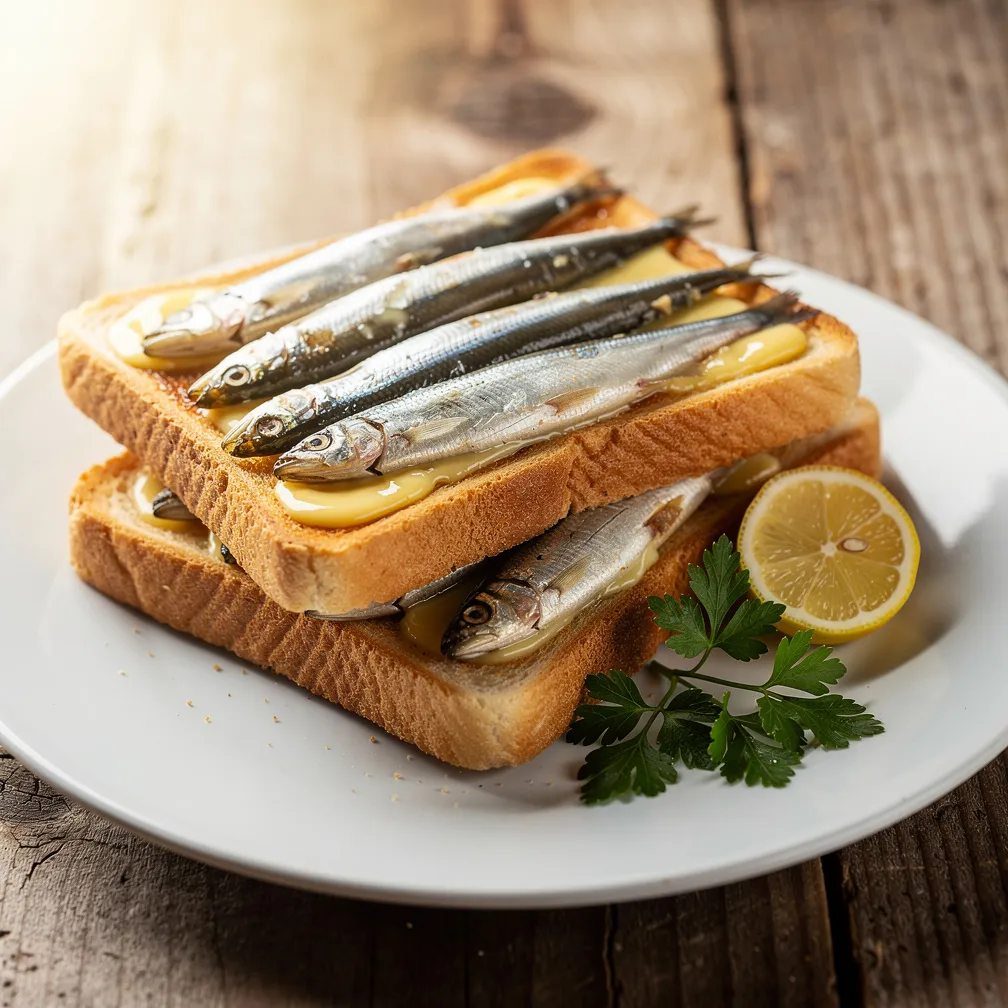 Classic sprat sandwich on buttered toast with lemon and fresh parsley garnish