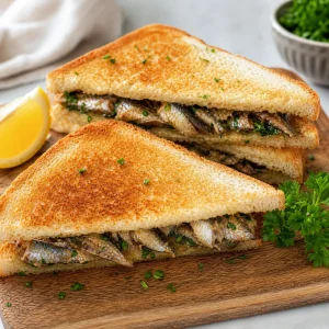 Finished sprat sandwiches cut diagonally and served with lemon
