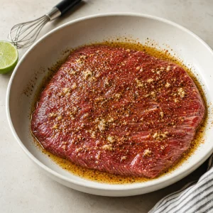 Rohes Flanksteak mit Limetten-Gewürz-Marinade in einer flachen Form