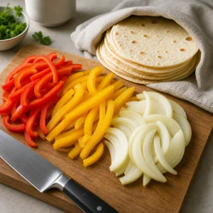 Geschnittene Paprika und Zwiebel neben warmen, in ein Tuch gewickelten Weizentortillas