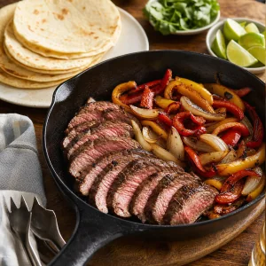 Geschnittene Steak-Fajitas mit gerösteter Paprika und Zwiebeln in einer Gusspfanne