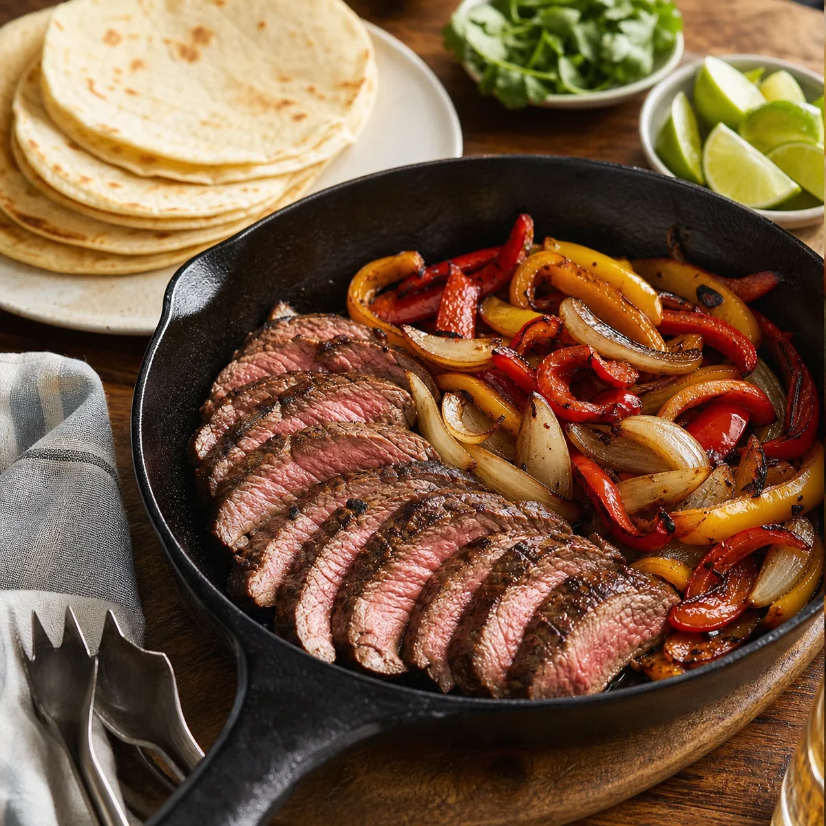 Geschnittene Steak-Fajitas mit gerösteter Paprika und Zwiebeln in einer Gusspfanne