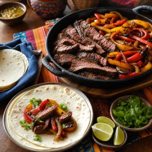 Steak-Fajitas mit warmen Tortillas, Koriander und Limettenspalten