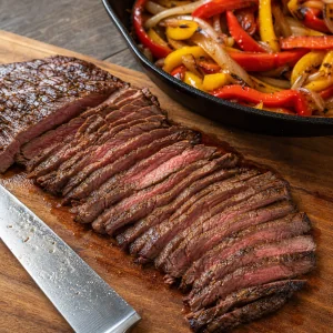 Dünne Scheiben medium-rare gebratenes Flanksteak neben gerösteter Paprika und Zwiebeln