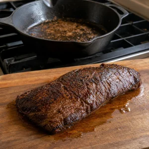 Ganzes gebratenes Flanksteak ruht auf einem Brett neben einer Pfanne mit Bratensatz